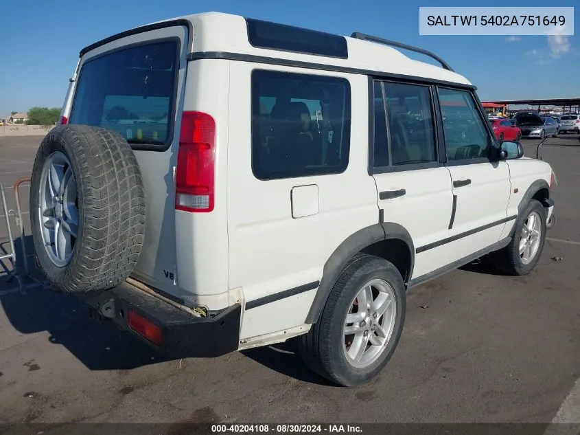 2002 Land Rover Discovery Series Ii Se VIN: SALTW15402A751649 Lot: 40204108