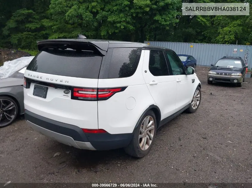 2017 Land Rover Discovery Hse VIN: SALRRBBV8HA038124 Lot: 39566729