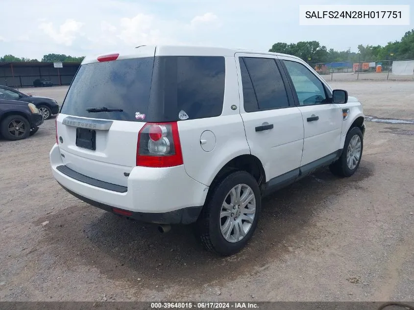 2008 Land Rover Lr2 Se VIN: SALFS24N28H017751 Lot: 39648015