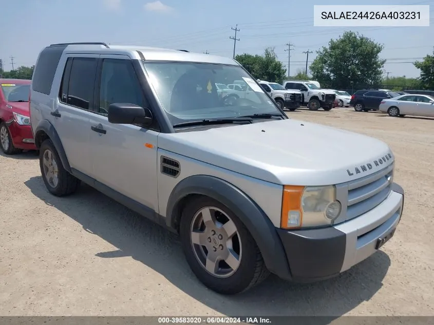 2006 Land Rover Lr3 V6 VIN: SALAE24426A403231 Lot: 39583020