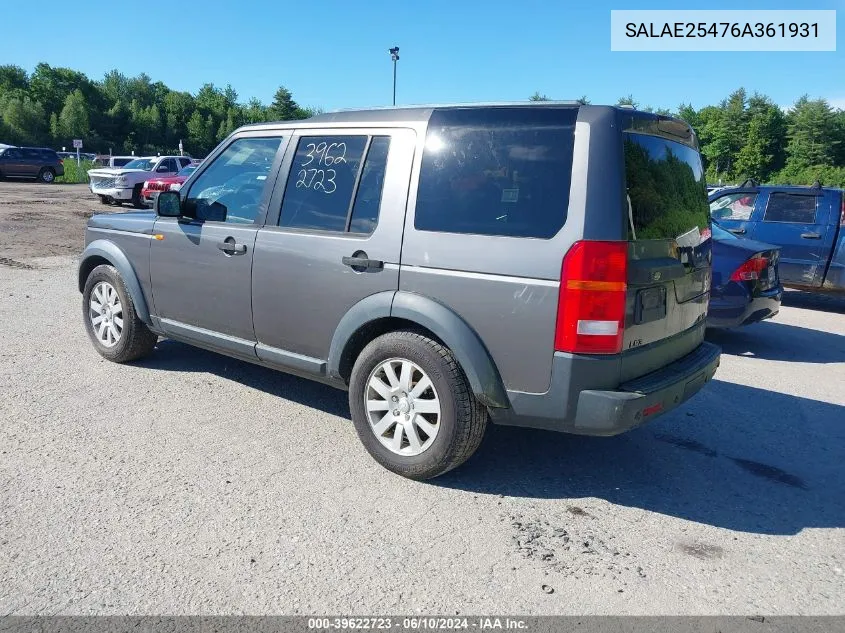 2006 Land Rover Lr3 V8 Se VIN: SALAE25476A361931 Lot: 39622723