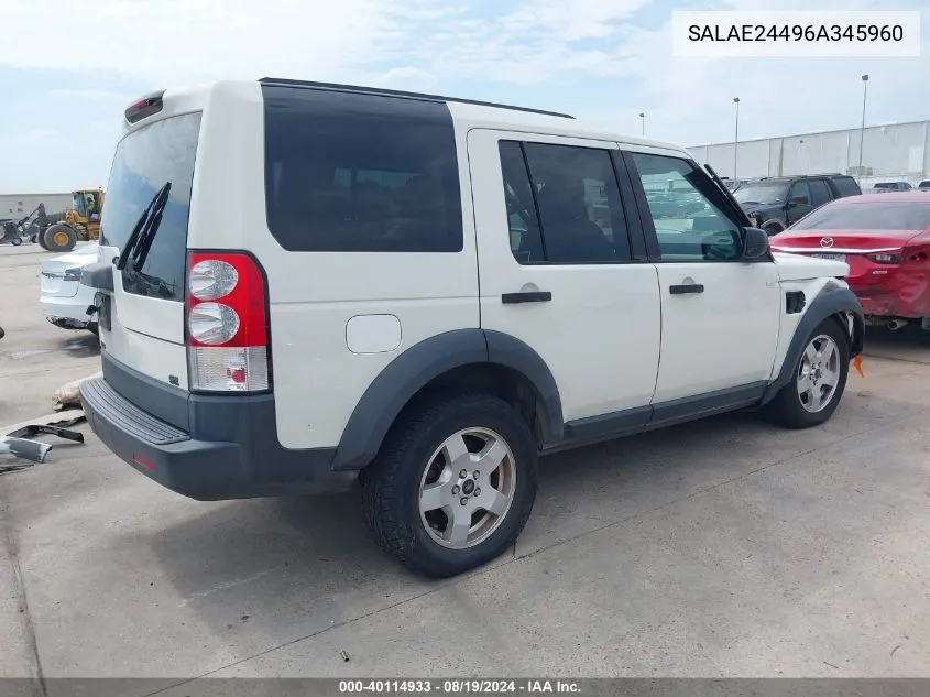 2006 Land Rover Lr3 V6 VIN: SALAE24496A345960 Lot: 40114933