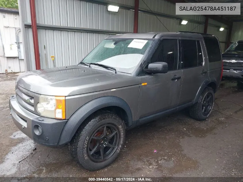 2008 Land Rover Lr3 V8 Hse VIN: SALAG25478A451187 Lot: 39440542