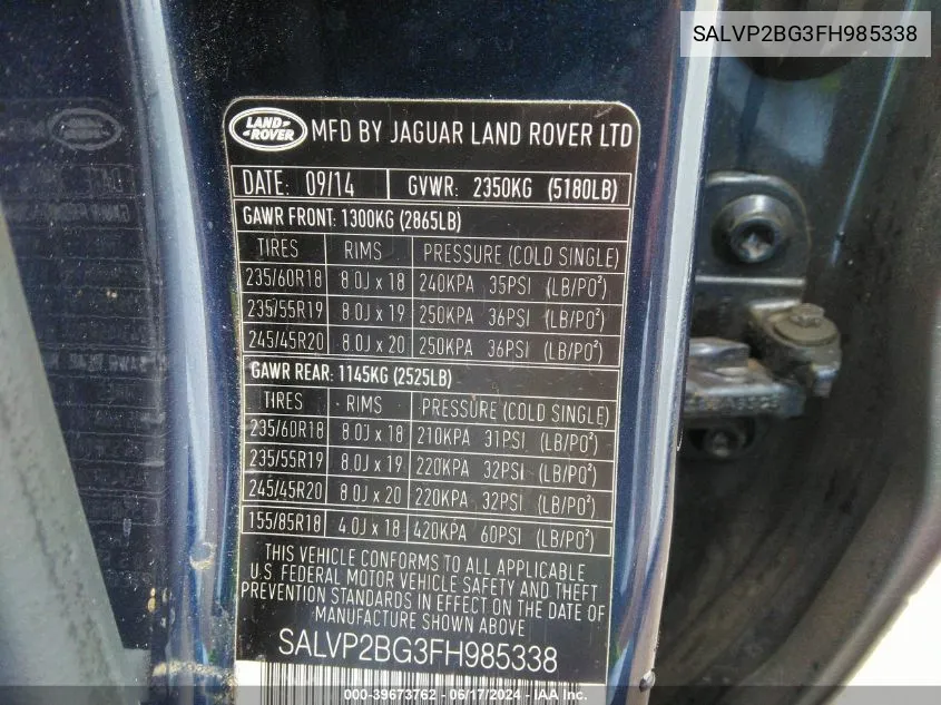 SALVP2BG3FH985338 2015 Land Rover Range Rover Evoque Pure