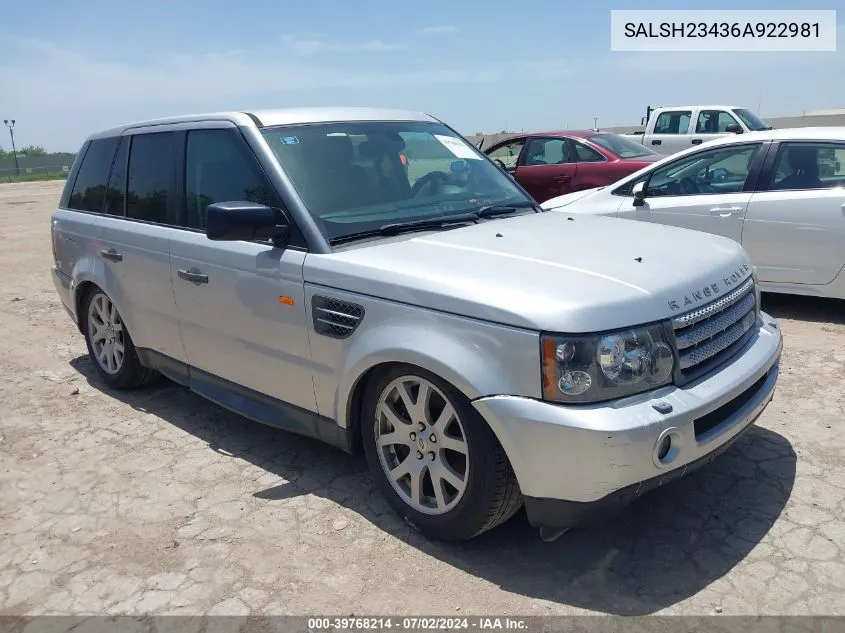 2006 Land Rover Range Rover Sport Supercharged VIN: SALSH23436A922981 Lot: 39768214