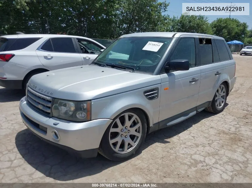 2006 Land Rover Range Rover Sport Supercharged VIN: SALSH23436A922981 Lot: 39768214