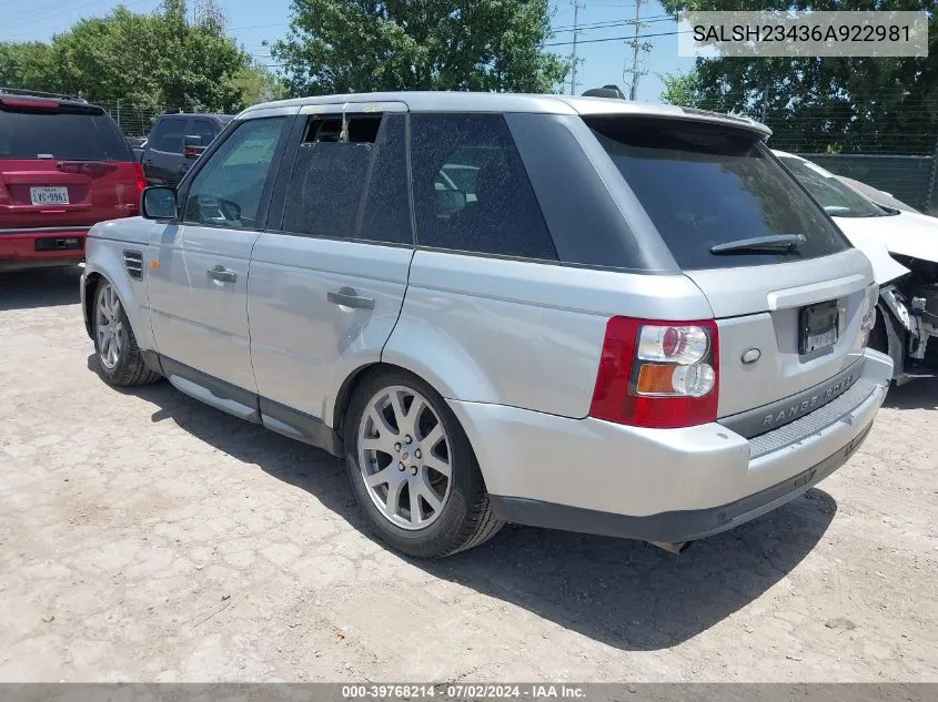 2006 Land Rover Range Rover Sport Supercharged VIN: SALSH23436A922981 Lot: 39768214