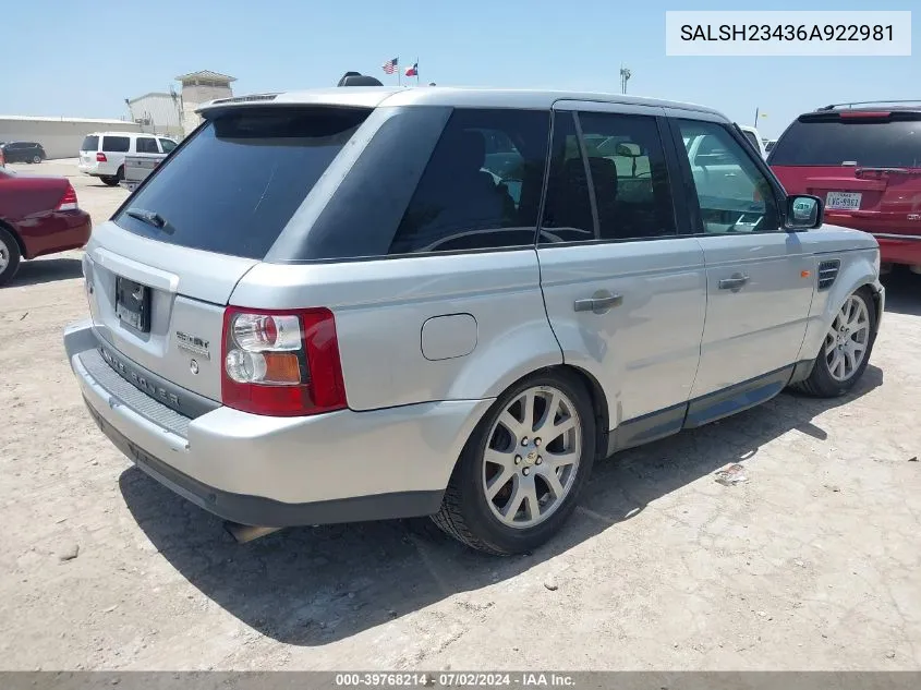 2006 Land Rover Range Rover Sport Supercharged VIN: SALSH23436A922981 Lot: 39768214