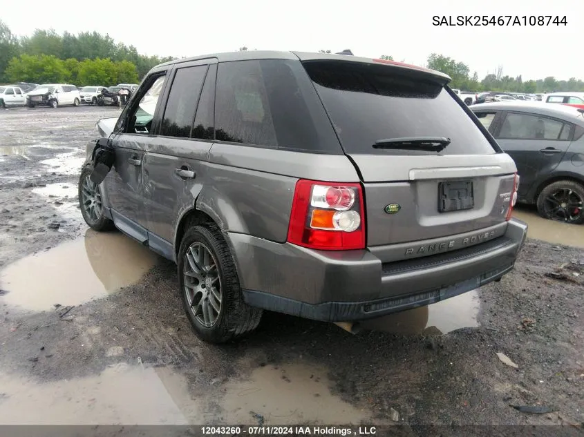 2007 Land Rover Range Rover Sport VIN: SALSK25467A108744 Lot: 12043260