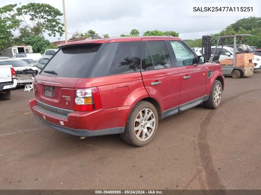 2007 Land Rover Range Rover Sport Hse VIN: SALSK25477A115251 Lot: 39498995