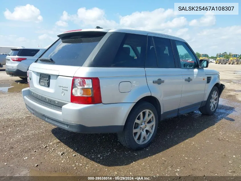 2007 Land Rover Range Rover Sport Hse VIN: SALSK25467A108307 Lot: 39538014