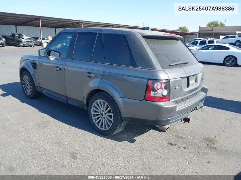 2007 Land Rover Range Rover Sport Hse VIN: SALSK25407A988386 Lot: 40222086