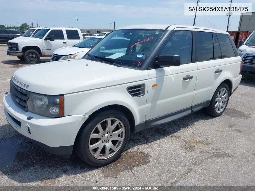 2008 Land Rover Range Rover Sport Hse VIN: SALSK254X8A138475 Lot: 39401505