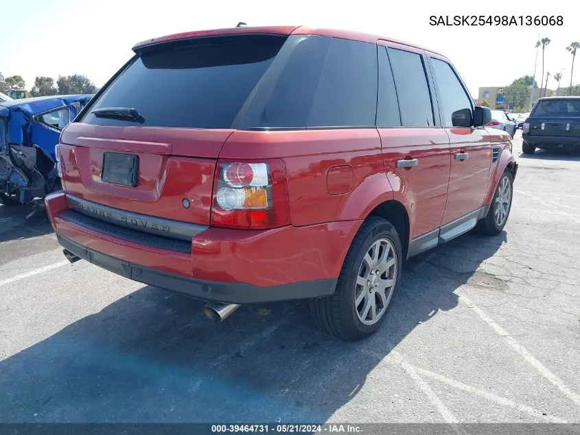 2008 Land Rover Range Rover Sport Hse VIN: SALSK25498A136068 Lot: 39464731