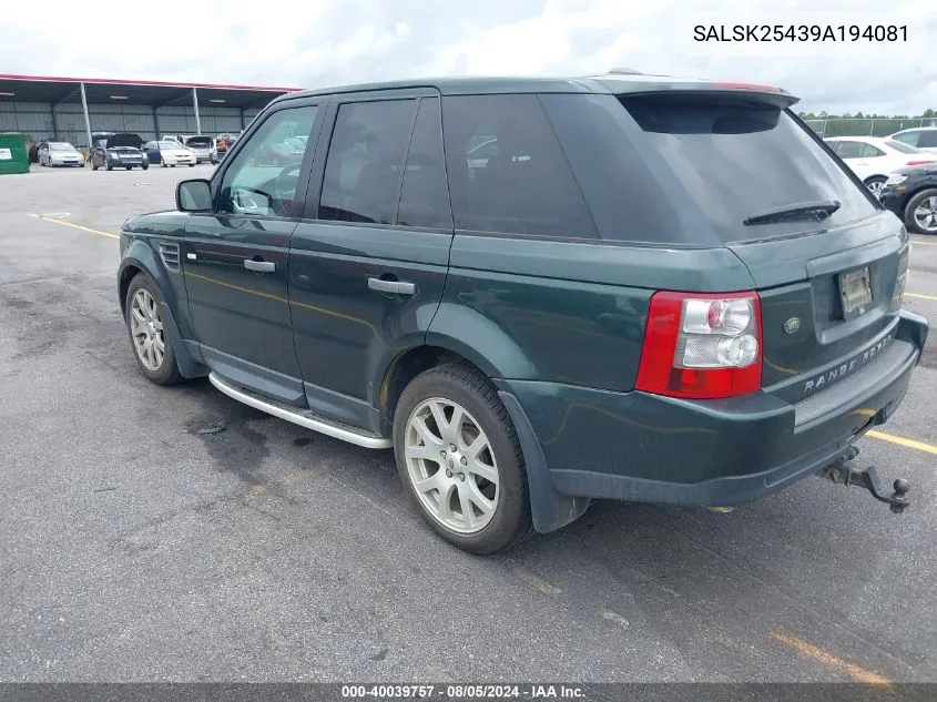 2009 Land Rover Range Rover Sport Hse VIN: SALSK25439A194081 Lot: 40039757