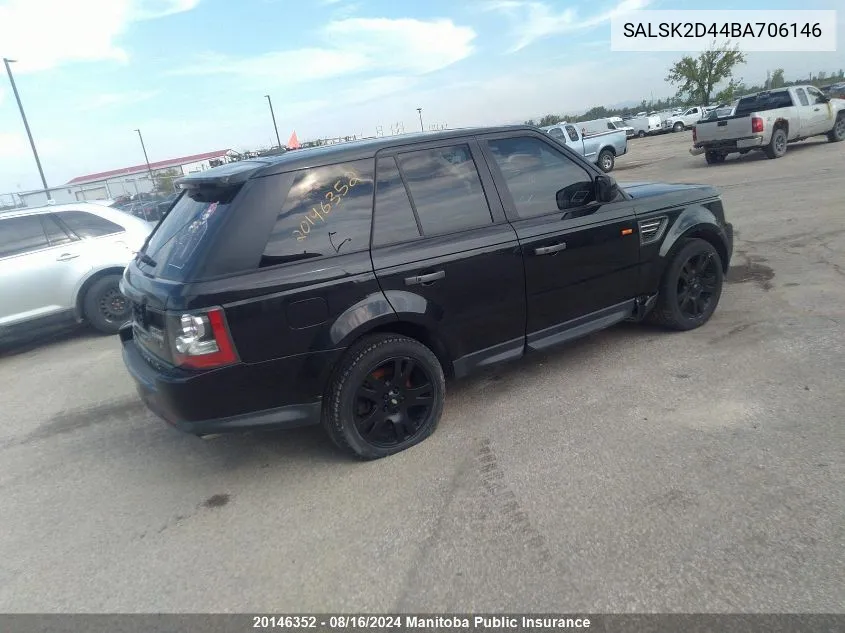 2011 Land Rover Range Rover Sport Hse VIN: SALSK2D44BA706146 Lot: 20146352