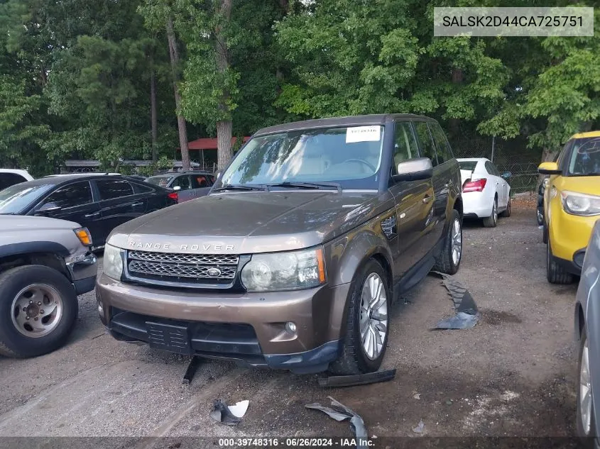 2012 Land Rover Range Rover Sport Hse VIN: SALSK2D44CA725751 Lot: 39748316