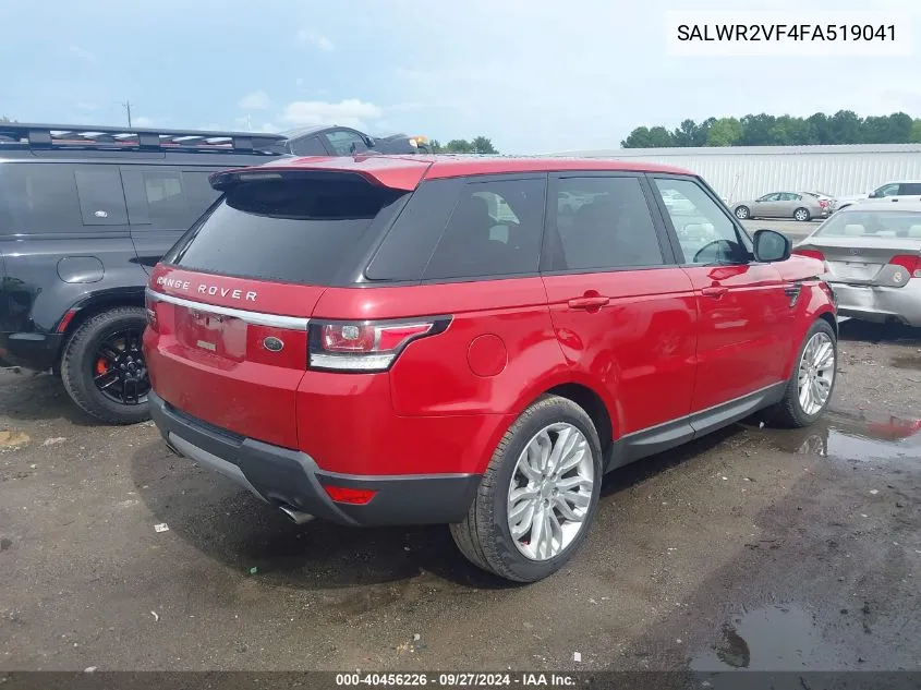 2015 Land Rover Range Rover Sport 3.0L V6 Supercharged Hse VIN: SALWR2VF4FA519041 Lot: 40456226