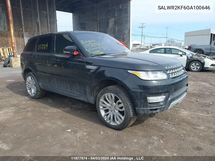 2016 Land Rover Range Rover Sport Hse VIN: SALWR2KF6GA100646 Lot: 11977974