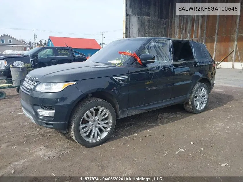 2016 Land Rover Range Rover Sport Hse VIN: SALWR2KF6GA100646 Lot: 11977974