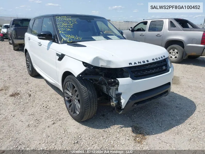 2016 Land Rover Range Rover Sport VIN: SALWS2PF8GA100452 Lot: 12048903