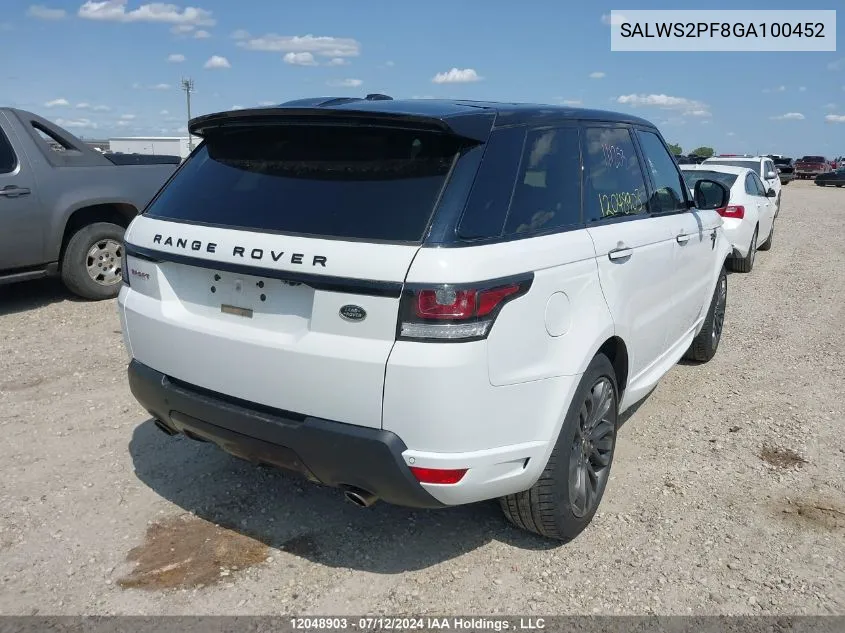 2016 Land Rover Range Rover Sport VIN: SALWS2PF8GA100452 Lot: 12048903