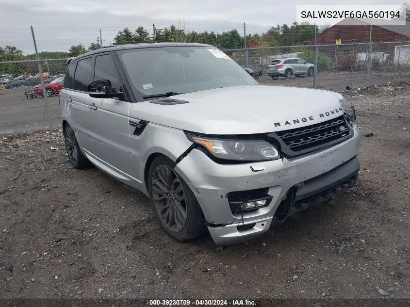 2016 Land Rover Range Rover Sport 3.0L V6 Supercharged Hse VIN: SALWS2VF6GA560194 Lot: 39230709