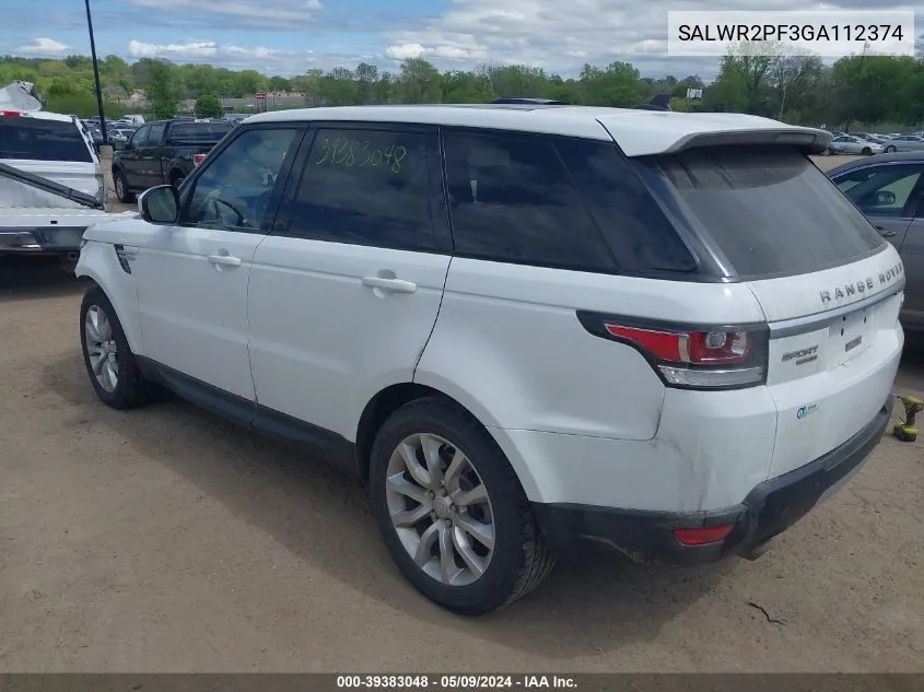 2016 Land Rover Range Rover Sport 3.0L V6 Supercharged Hse VIN: SALWR2PF3GA112374 Lot: 39383048