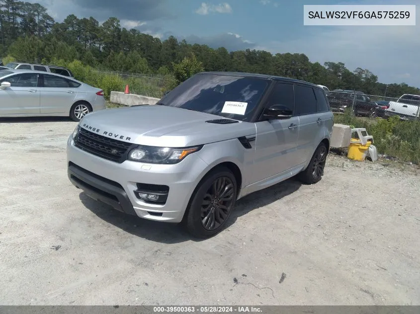 2016 Land Rover Range Rover Sport 3.0L V6 Supercharged Hse VIN: SALWS2VF6GA575259 Lot: 39500363