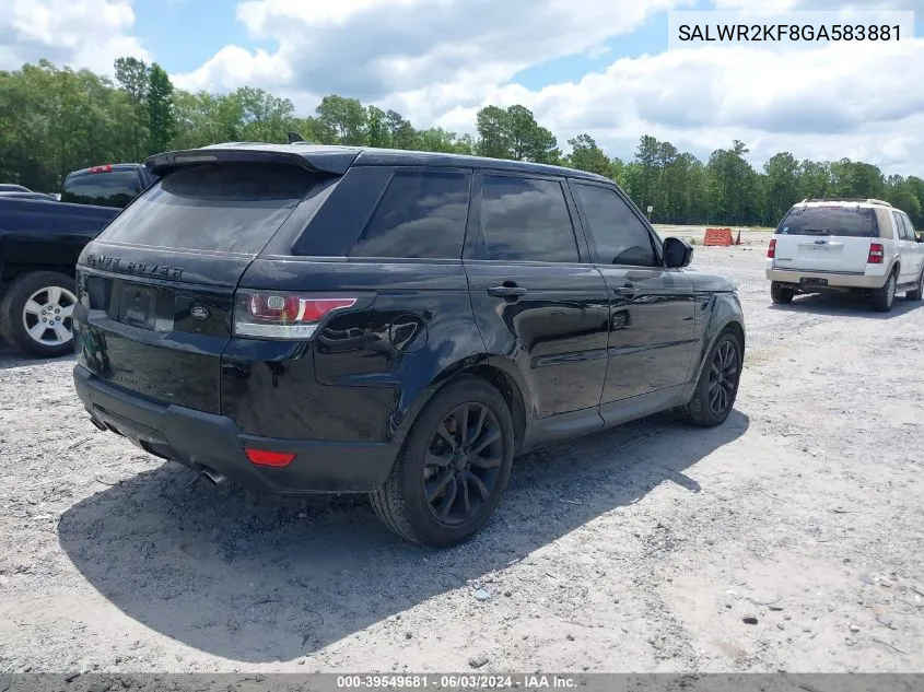 2016 Land Rover Range Rover Sport 3.0L V6 Turbocharged Diesel Hse Td6 VIN: SALWR2KF8GA583881 Lot: 39549681