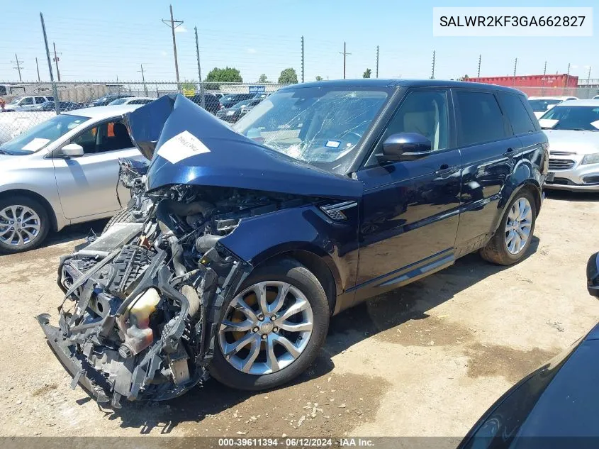 2016 Land Rover Range Rover Sport 3.0L V6 Turbocharged Diesel Hse Td6 VIN: SALWR2KF3GA662827 Lot: 39611394