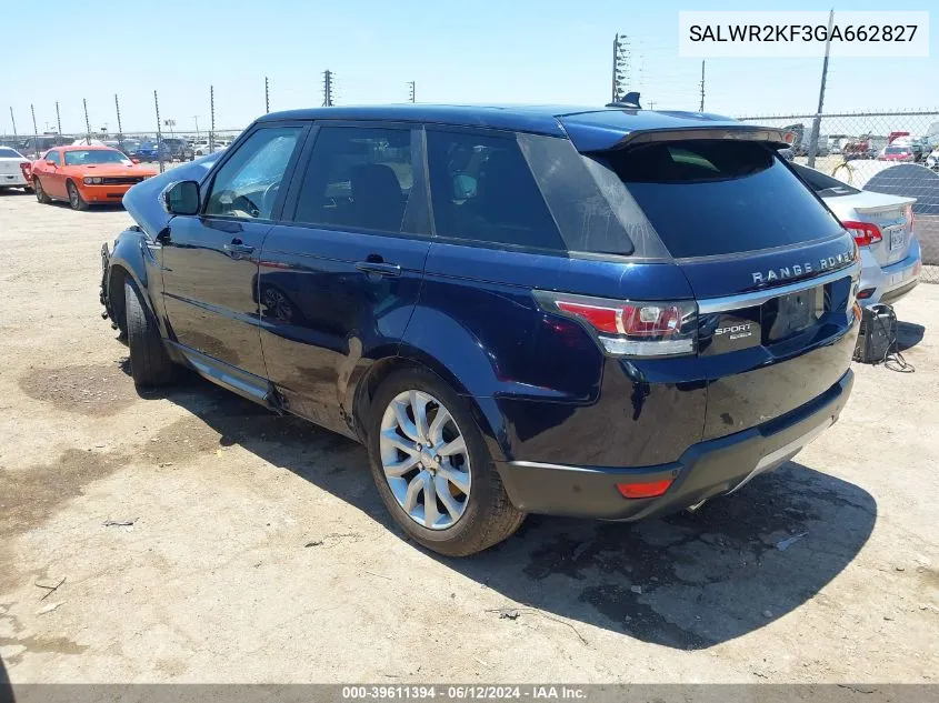 2016 Land Rover Range Rover Sport 3.0L V6 Turbocharged Diesel Hse Td6 VIN: SALWR2KF3GA662827 Lot: 39611394