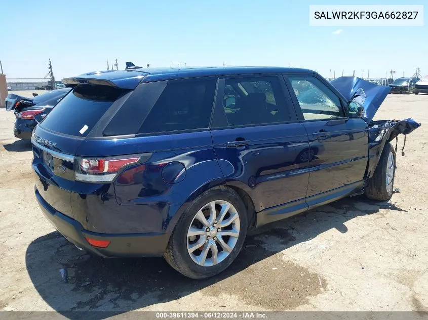 2016 Land Rover Range Rover Sport 3.0L V6 Turbocharged Diesel Hse Td6 VIN: SALWR2KF3GA662827 Lot: 39611394