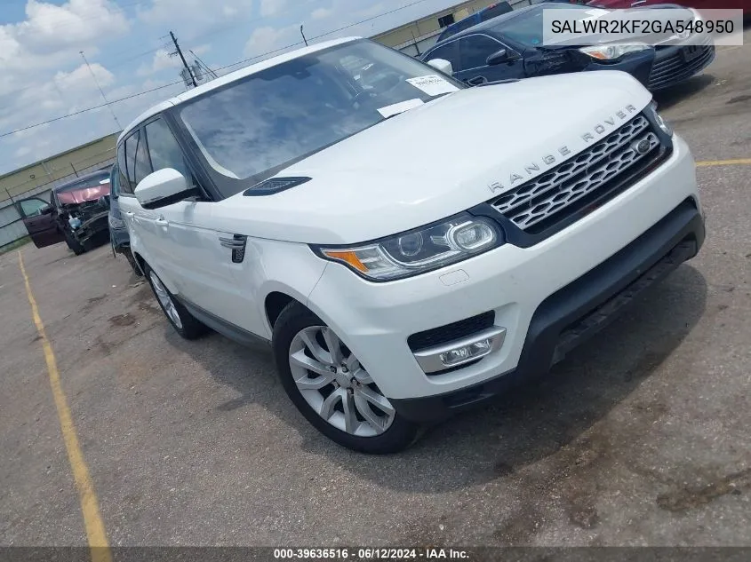 2016 Land Rover Range Rover Sport 3.0L V6 Turbocharged Diesel Hse Td6 VIN: SALWR2KF2GA548950 Lot: 39636516