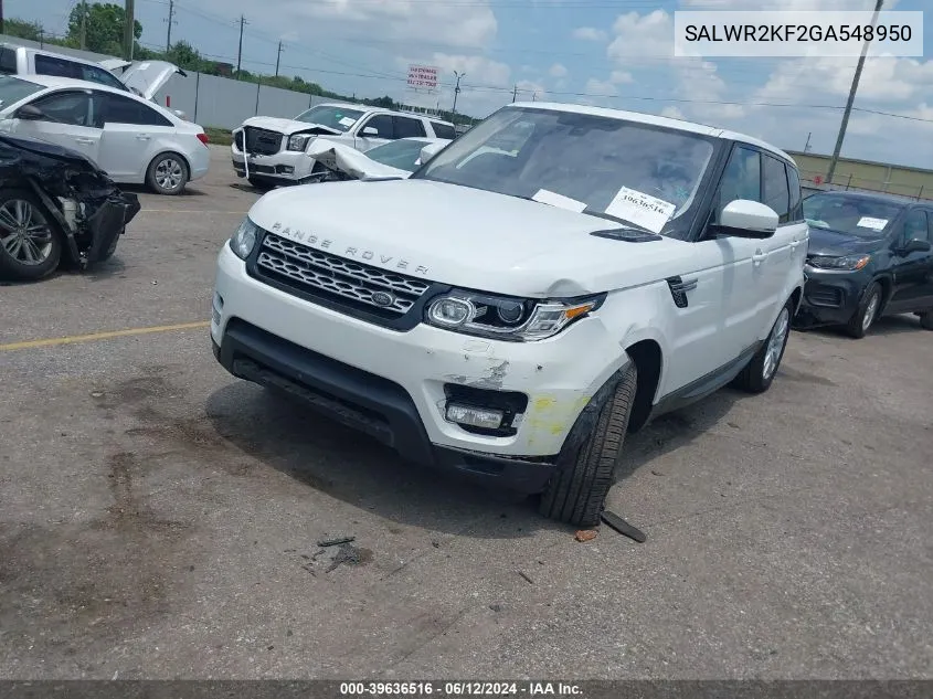 2016 Land Rover Range Rover Sport 3.0L V6 Turbocharged Diesel Hse Td6 VIN: SALWR2KF2GA548950 Lot: 39636516