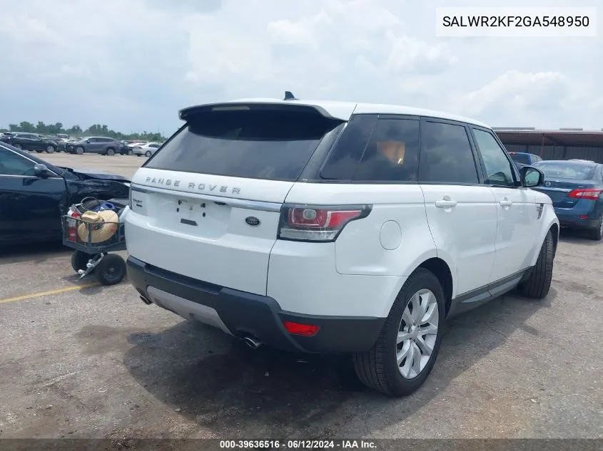 2016 Land Rover Range Rover Sport 3.0L V6 Turbocharged Diesel Hse Td6 VIN: SALWR2KF2GA548950 Lot: 39636516