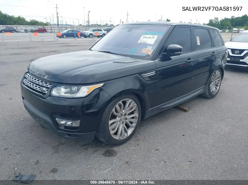 2016 Land Rover Range Rover Sport 3.0L V6 Supercharged Hse VIN: SALWR2VF7GA581597 Lot: 39645670