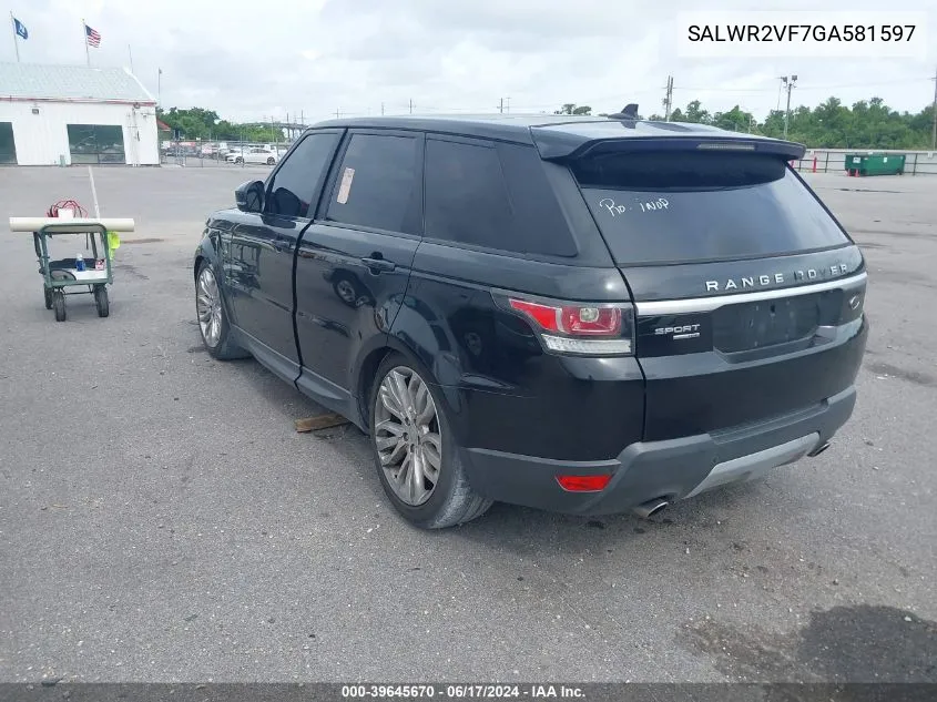 2016 Land Rover Range Rover Sport 3.0L V6 Supercharged Hse VIN: SALWR2VF7GA581597 Lot: 39645670