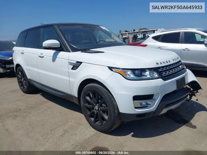 2016 Land Rover Range Rover Sport Hse VIN: SALWR2KF5GA645933 Lot: 39700602