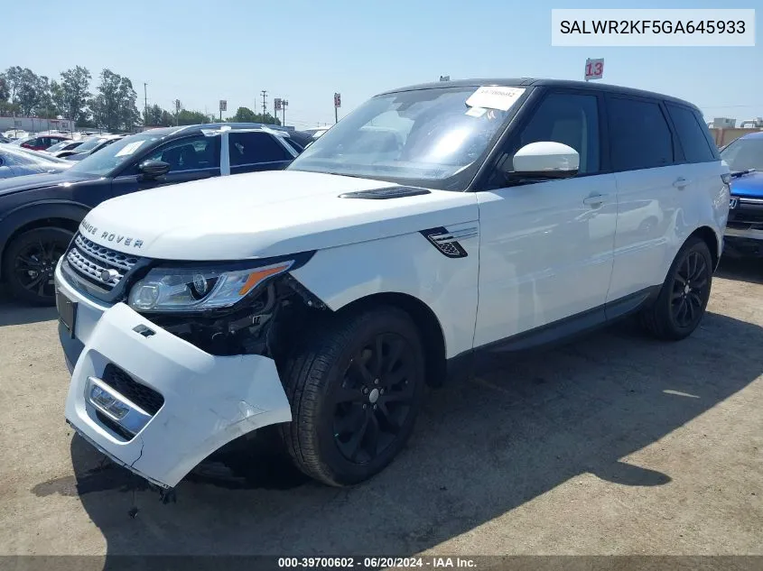 2016 Land Rover Range Rover Sport Hse VIN: SALWR2KF5GA645933 Lot: 39700602