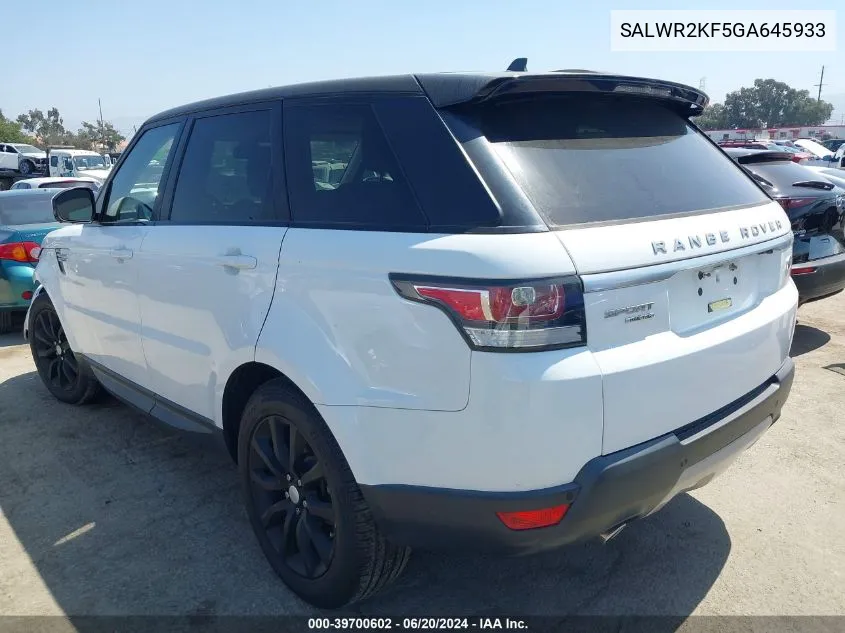 2016 Land Rover Range Rover Sport Hse VIN: SALWR2KF5GA645933 Lot: 39700602