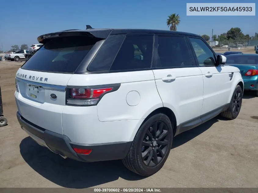 2016 Land Rover Range Rover Sport Hse VIN: SALWR2KF5GA645933 Lot: 39700602