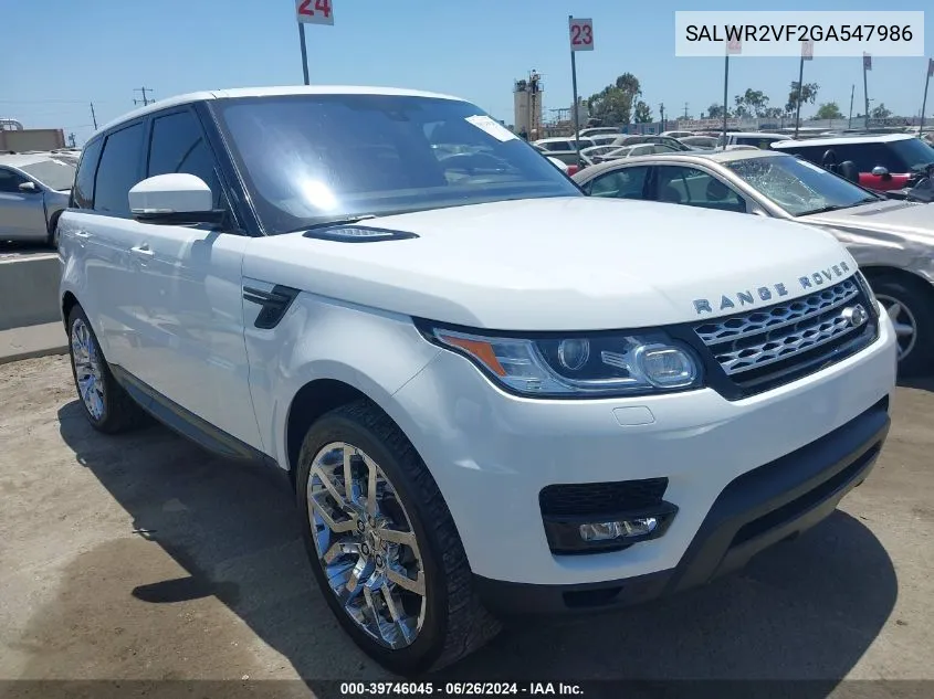 2016 Land Rover Range Rover Sport 3.0L V6 Supercharged Hse VIN: SALWR2VF2GA547986 Lot: 39746045