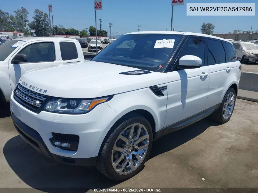 2016 Land Rover Range Rover Sport 3.0L V6 Supercharged Hse VIN: SALWR2VF2GA547986 Lot: 39746045