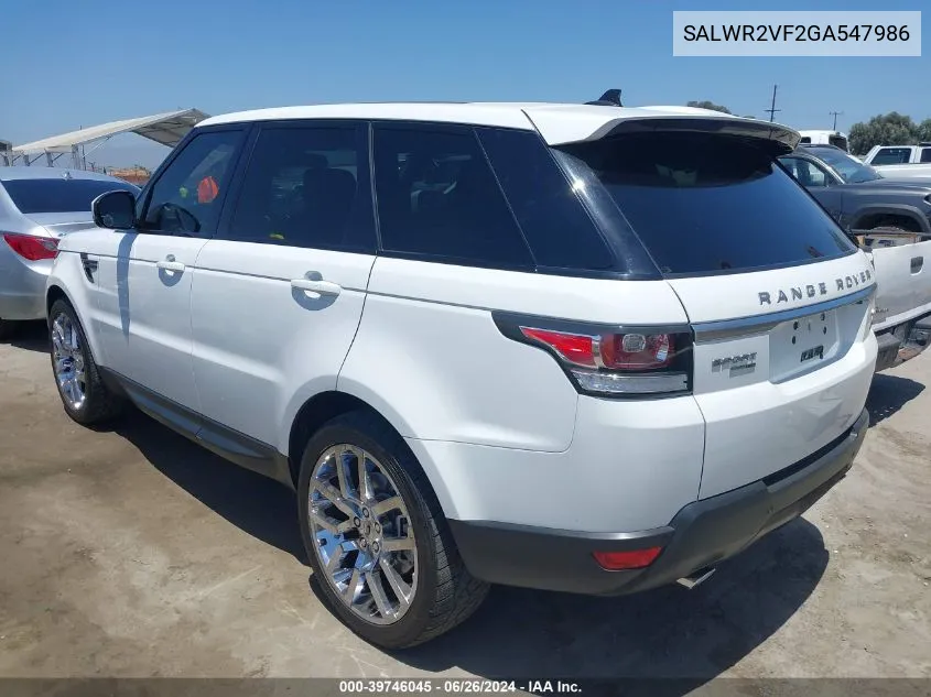 2016 Land Rover Range Rover Sport 3.0L V6 Supercharged Hse VIN: SALWR2VF2GA547986 Lot: 39746045