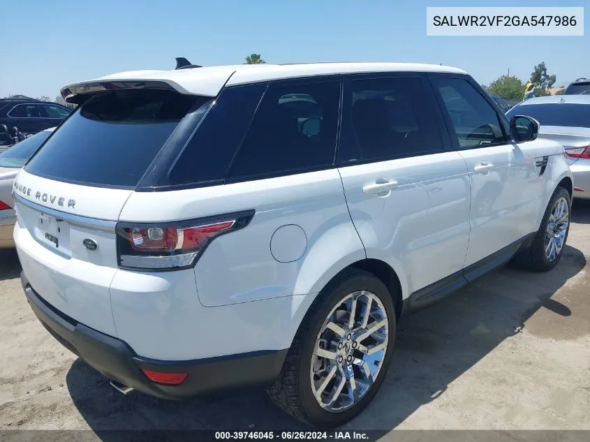 2016 Land Rover Range Rover Sport 3.0L V6 Supercharged Hse VIN: SALWR2VF2GA547986 Lot: 39746045