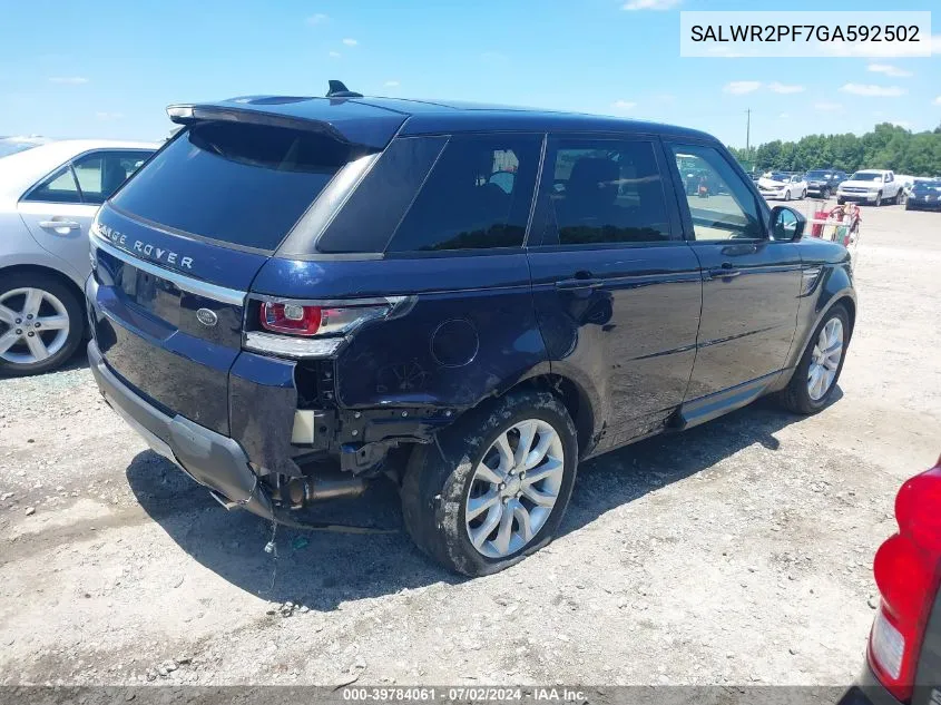 2016 Land Rover Range Rover Sport 3.0L V6 Supercharged Hse VIN: SALWR2PF7GA592502 Lot: 39784061