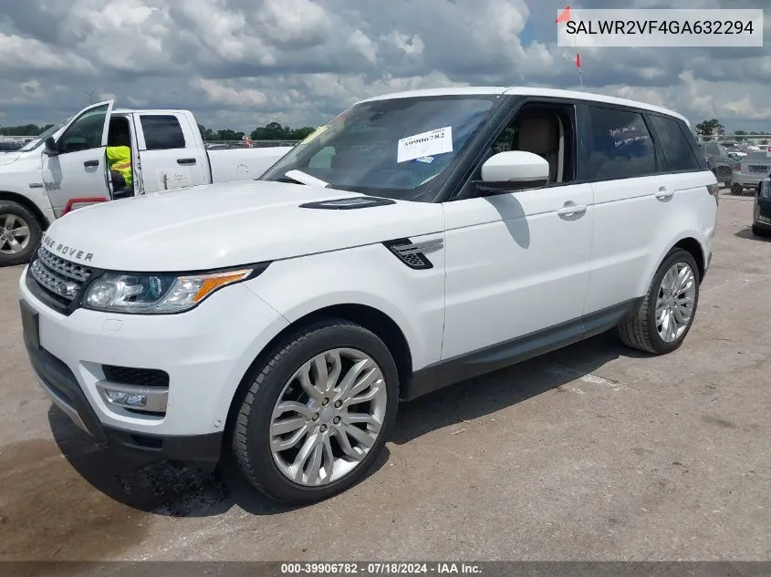 2016 Land Rover Range Rover Sport 3.0L V6 Supercharged Hse VIN: SALWR2VF4GA632294 Lot: 39906782