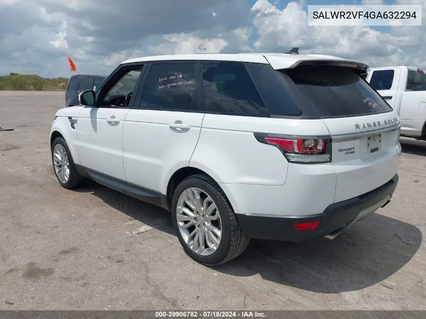 2016 Land Rover Range Rover Sport 3.0L V6 Supercharged Hse VIN: SALWR2VF4GA632294 Lot: 39906782