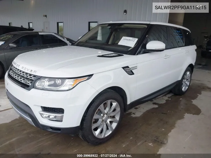 2016 Land Rover Range Rover Sport 3.0L V6 Supercharged Hse VIN: SALWR2PF9GA115215 Lot: 39968922